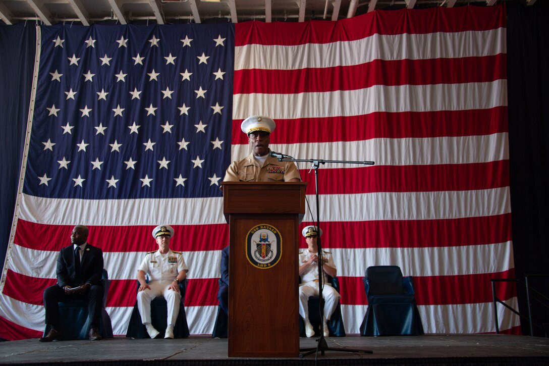 Lt. Gen. Michael E. Langley, commanding general of Marine Forces Command, speaks to guests aboard the USS Bataan during an opening ceremony for Fleet Week New York 22 in New York City, New York on May 25, 2022. As a part of Fleet Week New York 22, the Marines of Special Purpose Marine-Air Ground Task Force Fleet Week New York engage in special events throughout New York City and the Tri-State area showcasing sea service technologies, future innovation, and connecting with citizens. Fleet Week New York brings together more than 2,000 service members from the Marine Corps, Navy and Coast Guard offering live band performances, military vehicle and equipment displays, and other community relations projects.