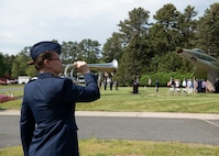 Barnestomers honor the 13 Airmen fallen in flight from the 104th Fighter Wing during the F-100 memorial rededication ceremony, May 20, 2022, at Barnes Air National Guard Base, Massachusetts. The F-100 monument was originally dedicated on May 17, 1987 by the 104FW Chief Master Sergeant’s Council. It continues to serve as a reminder of fallen Airmen’s impact on the unit.(U.S. Air National Guard photo by Staff Sgt. Hanna Smith)