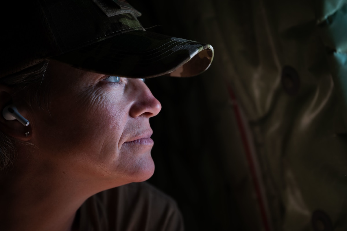 U.S. Air Force Capt. Sara Merchant, 340th Expeditionary Air Refueling Squadron intelligence officer, flies in a KC-135 Stratotanker assigned to the 340th Expeditionary Air Refueling Squadron, over southwest Asia, May 16, 2022 during exercise Accurate Test 22. Exercises such as these reassures our coalition and regional partners and allies of our commitment to the security and stability of this region. (U.S. Air Force photo by Staff Sgt. Charles T. Fultz)