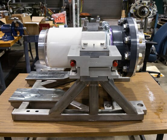 A small engine test stand sits, March 9, 2022, in the Propulsion Research Facility at the University of Tennessee Space Institute.