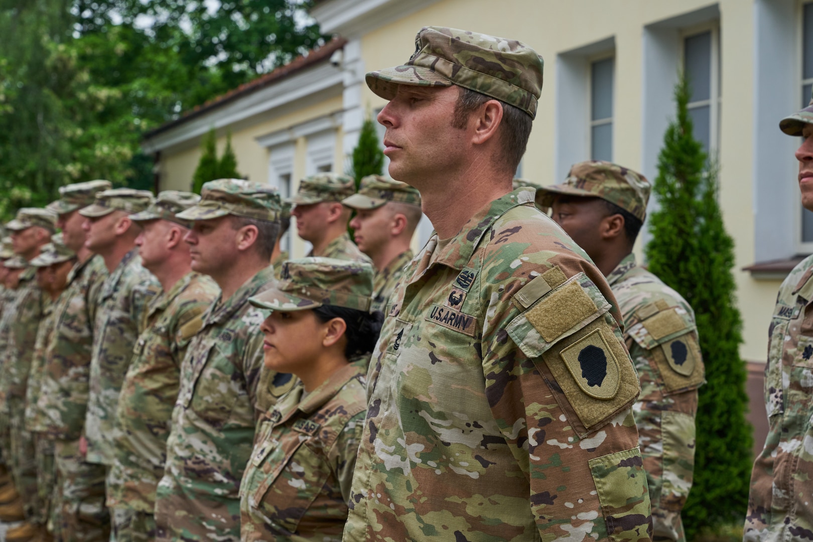 Soldiers of the 224th Digital Liaison Detachment of the Illinois National Guard stand in formation in Krakow, Poland, May 25, 2022. The 244th provided a valuable information bridge between V Corps and the Polish army during the DEFENDER-Europe 22 exercise.