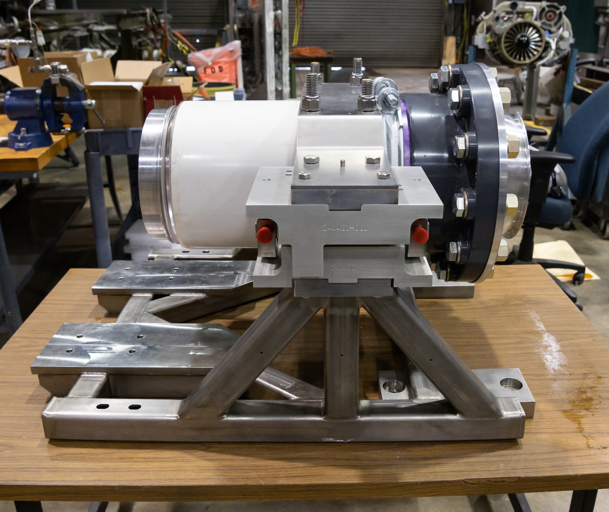 A small engine test stand sits, March 9, 2022, in the Propulsion Research Facility at the University of Tennessee Space Institute.