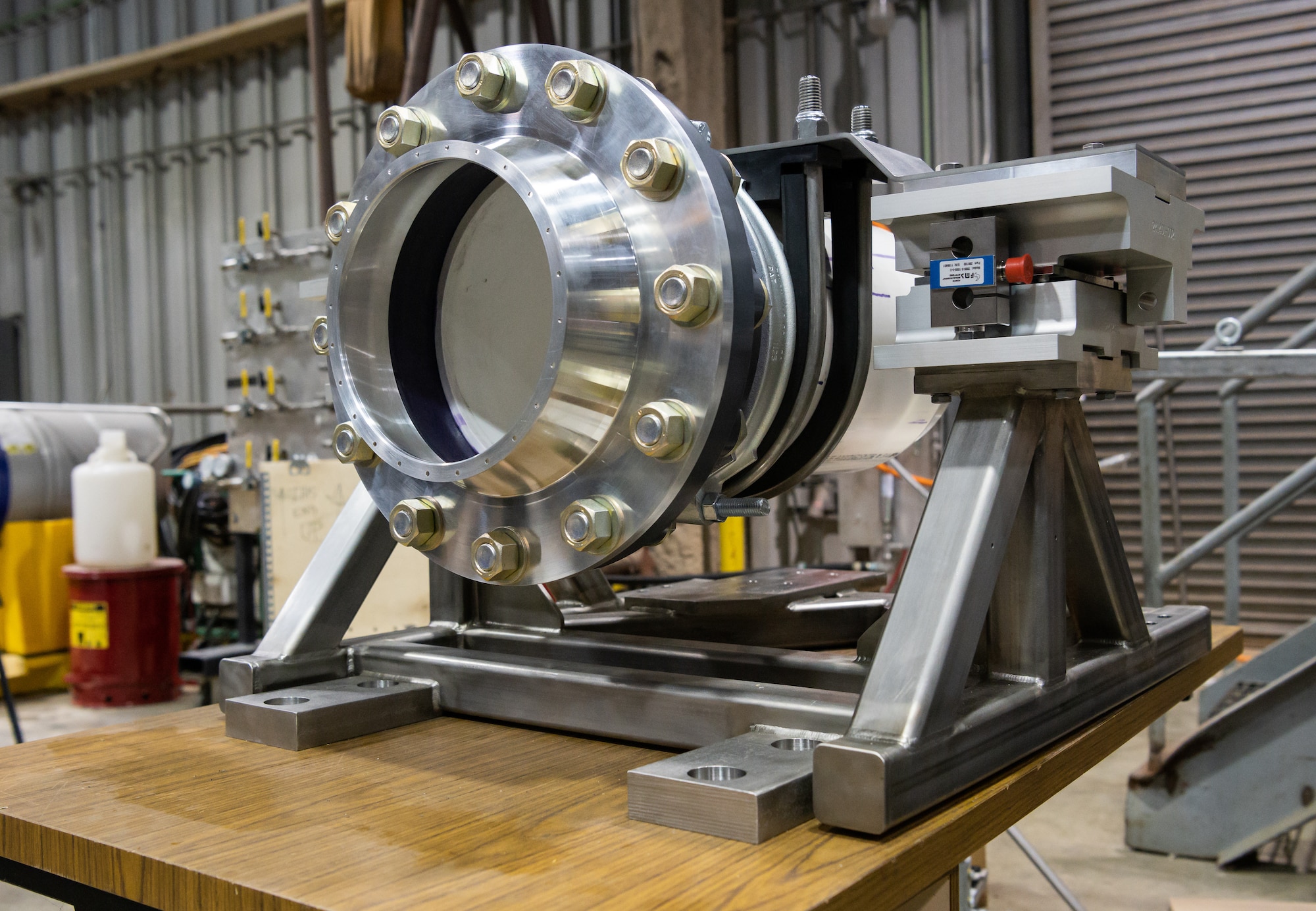 An instrumented small engine test stand sits, March 9, 2022, in the Propulsion Research Facility at the University of Tennessee Space Institute.