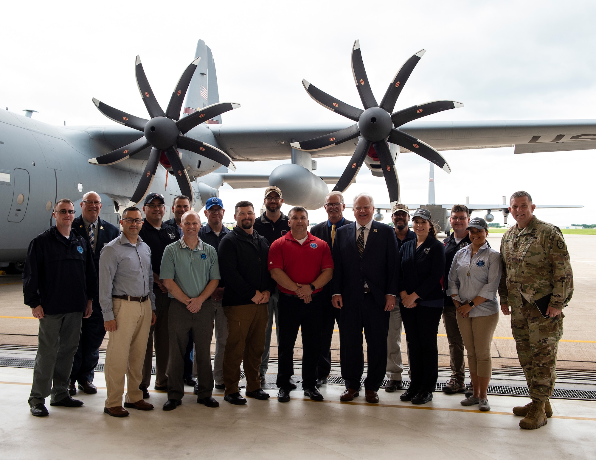 Minnesota Gov. Tim Walz, visits the 133rd Airlift Wing in St. Paul, Minn., May 31, 2022. Walz’s visit focused on introducing service bonuses to post 9/11 era veterans.