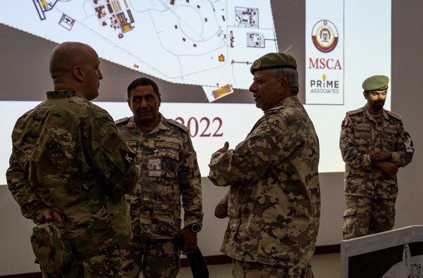 Brig. Gen. Gerald A. Donohue, 379th Air Expeditionary Wing commander, met with Major General Essa bin Ali Al Kubaisi, commander of the Qatar Emiri corps of engineers to discuss future construction plans for the Al Udeid Air Base, Qatar Feb 24, 2021. Over the past four years, many Program Management Office staff members have worked shoulder to shoulder with the Qatar Emiri Corps of Engineers to complete Phase 1(U.S. Air Force photo by Senior Airman David Phaff)