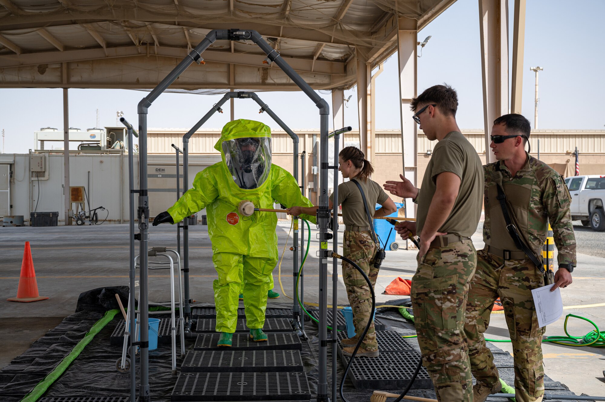 The 386th Expeditionary Civil Engineer Squadron Fire Department conducts certification evaluations for hazardous materials incident commanders and technicians.  Depending on the type of incident that may occur at Ali Al Salem Air Base, Kuwait, the fire department may work with emergency management, bioenvironmental, security forces and explosive ordnance disposal.