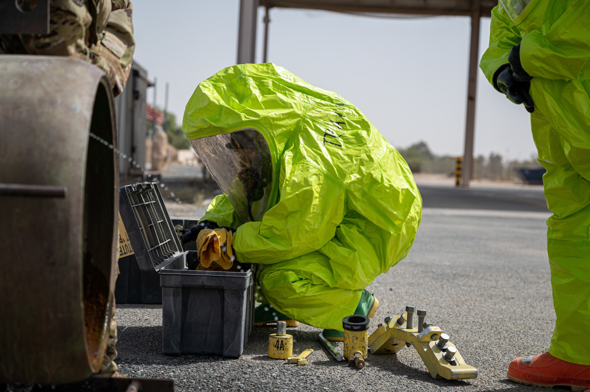 The 386th Expeditionary Civil Engineer Squadron Fire Department conducts certification evaluations for hazardous materials incident commanders and technicians.  Depending on the type of incident that may occur at Ali Al Salem Air Base, Kuwait, the fire department may work with emergency management, bioenvironmental, security forces and explosive ordnance disposal.