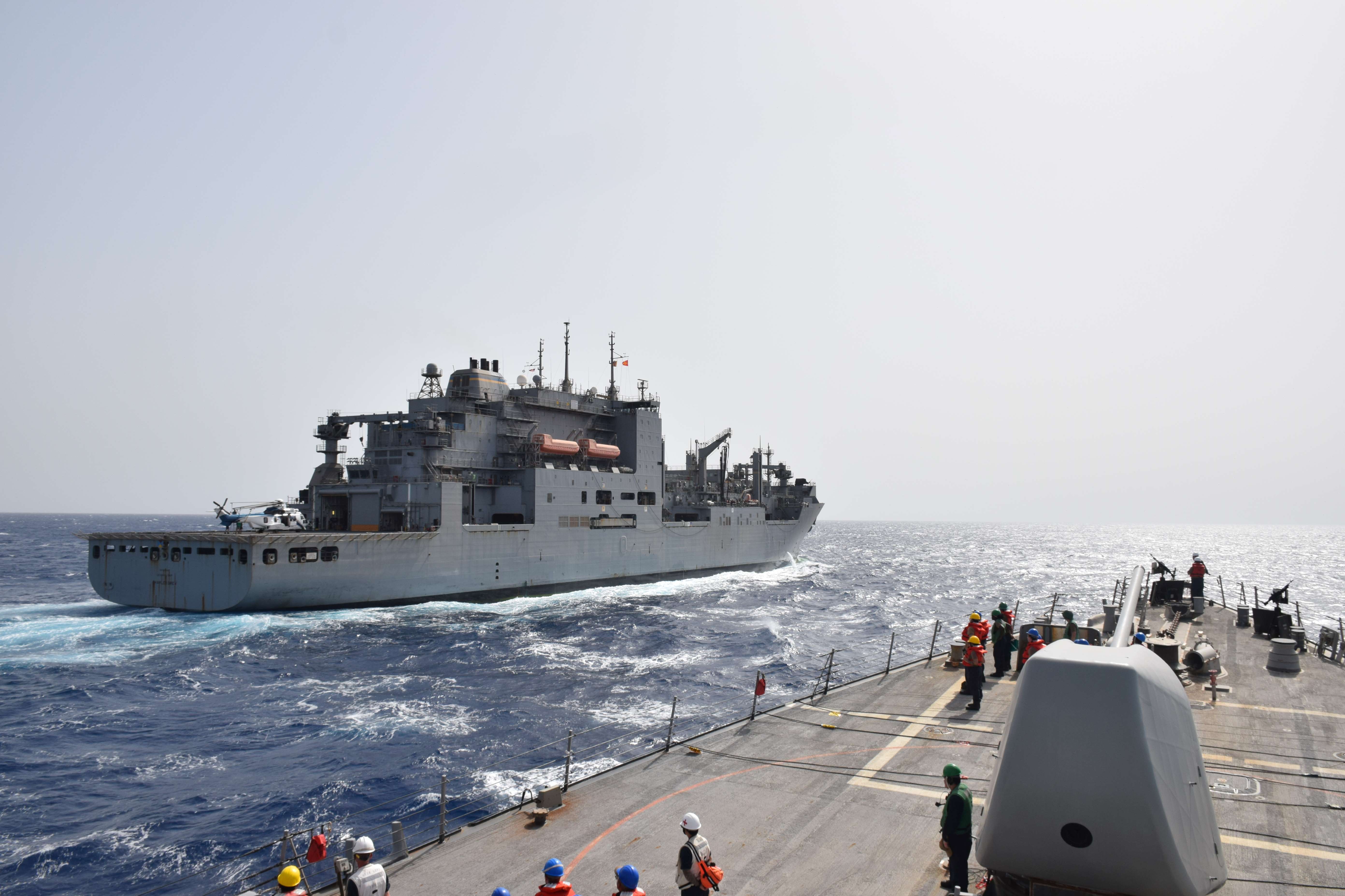 USS Gonzalez (DDG 66) makes an approach to the dry cargo/ammunition ship USNS Charles Drew (T-AKE 10) during an underway replenishment in the Gulf of Aden, May 31, 2022.
