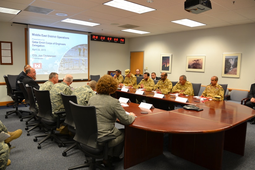 Members of the Qatar Emiri Corps of Engineers visit the U.S. Army Corps of Engineers Transatlantic Middle East District in May of 2013. In the photo is Maj. Gen. Essa al Kubaisi, commanding general of the Qatar Emiri Corps of Engineers. At the time he was the Construction and Manufacturing Unit Commander for the QECE.