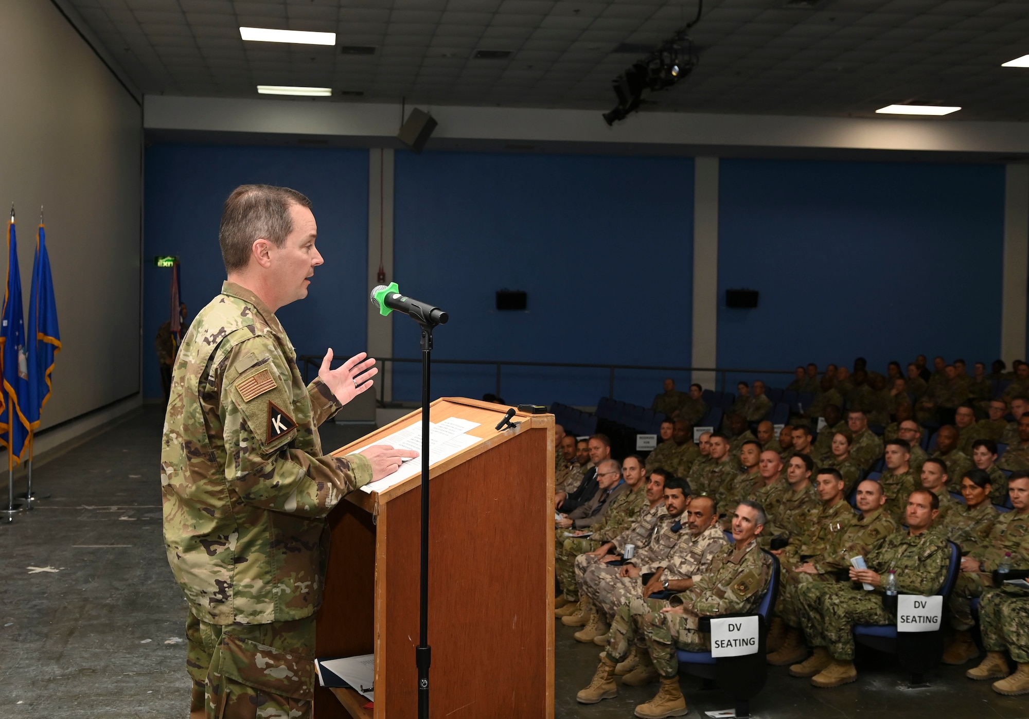 U.S. Air Force Brig. Gen. Jeffrey Nelson, incoming 379th Air Expeditionary Wing commander, gives his acceptance speech during the official wing Change of Command ceremony May 30, 2022, at Al Udeid Air Base, Qatar. Nelson assumed command from the outgoing 379th AEW commander U.S. Air Force Brig. Gen. Gerald Donohue. (U.S. Air National Guard photo by Tech. Sgt. Michael J. Kelly)