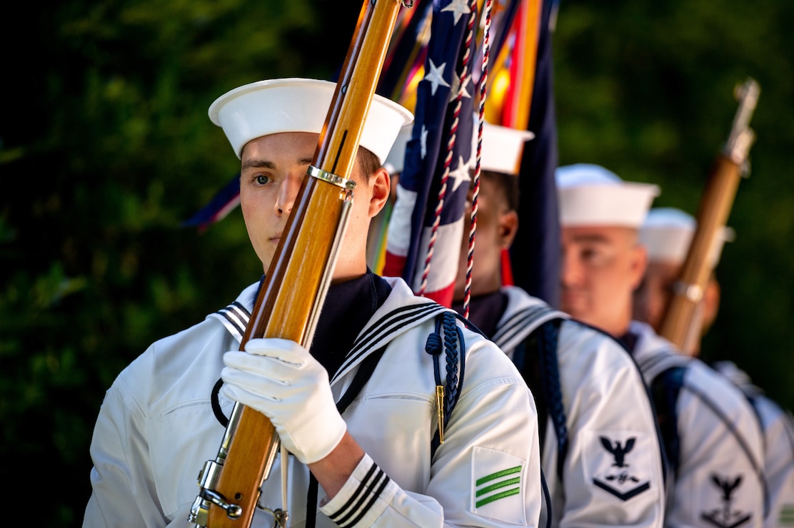 The U.S. Navy Ceremonial Guard stands in formation during Naval Support Activity Washington’s change of command ceremony, held in Washington Navy Yard’s Leutze Park.