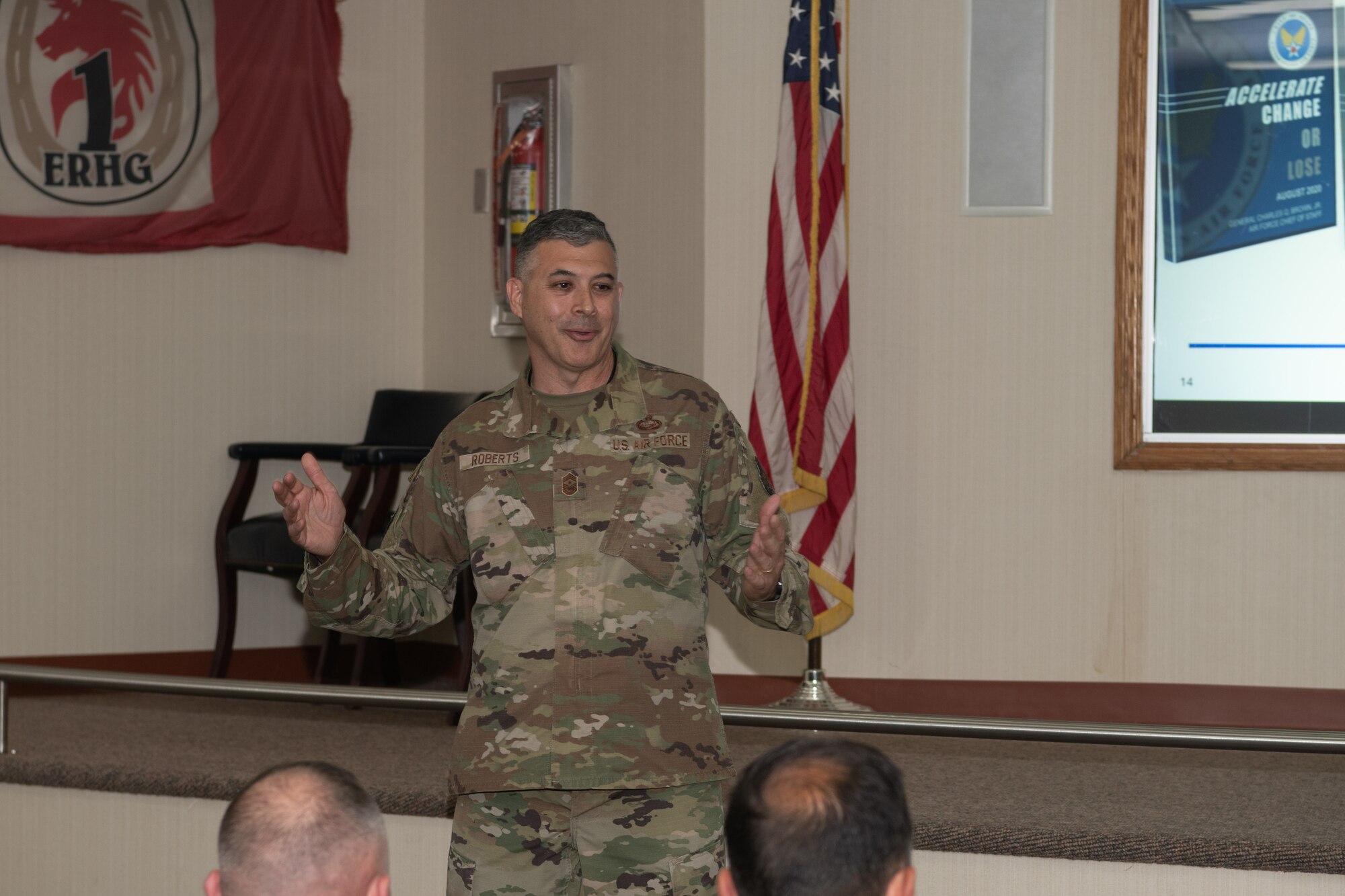 Chief Master Sgt. Richard Roberts, 192nd Wing command chief, speaks to Airmen.
