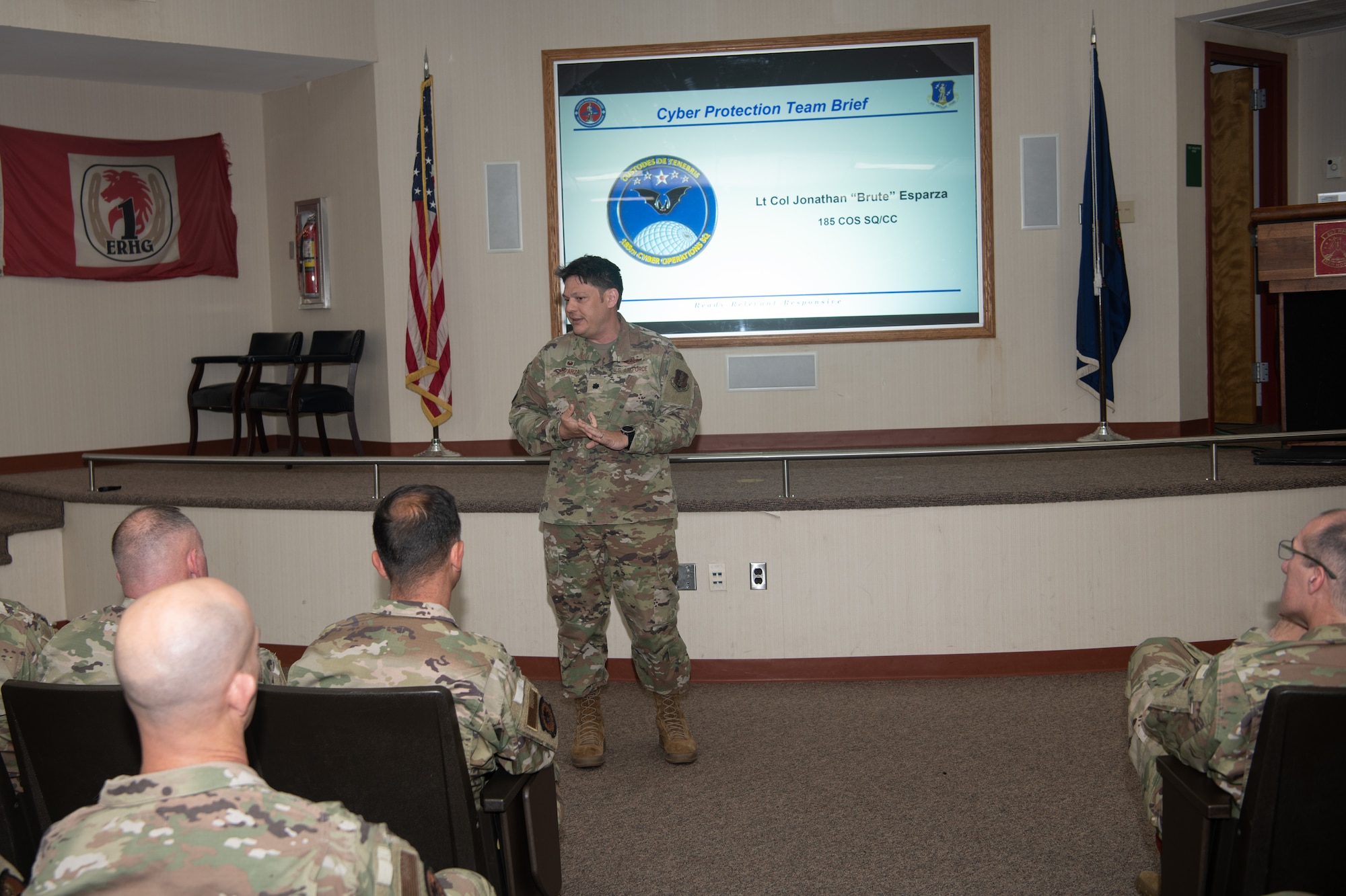 Lt. Col. Jonathan Esparza, 192nd Cyberspace Operations Squadron commander, speaks to Airmen.