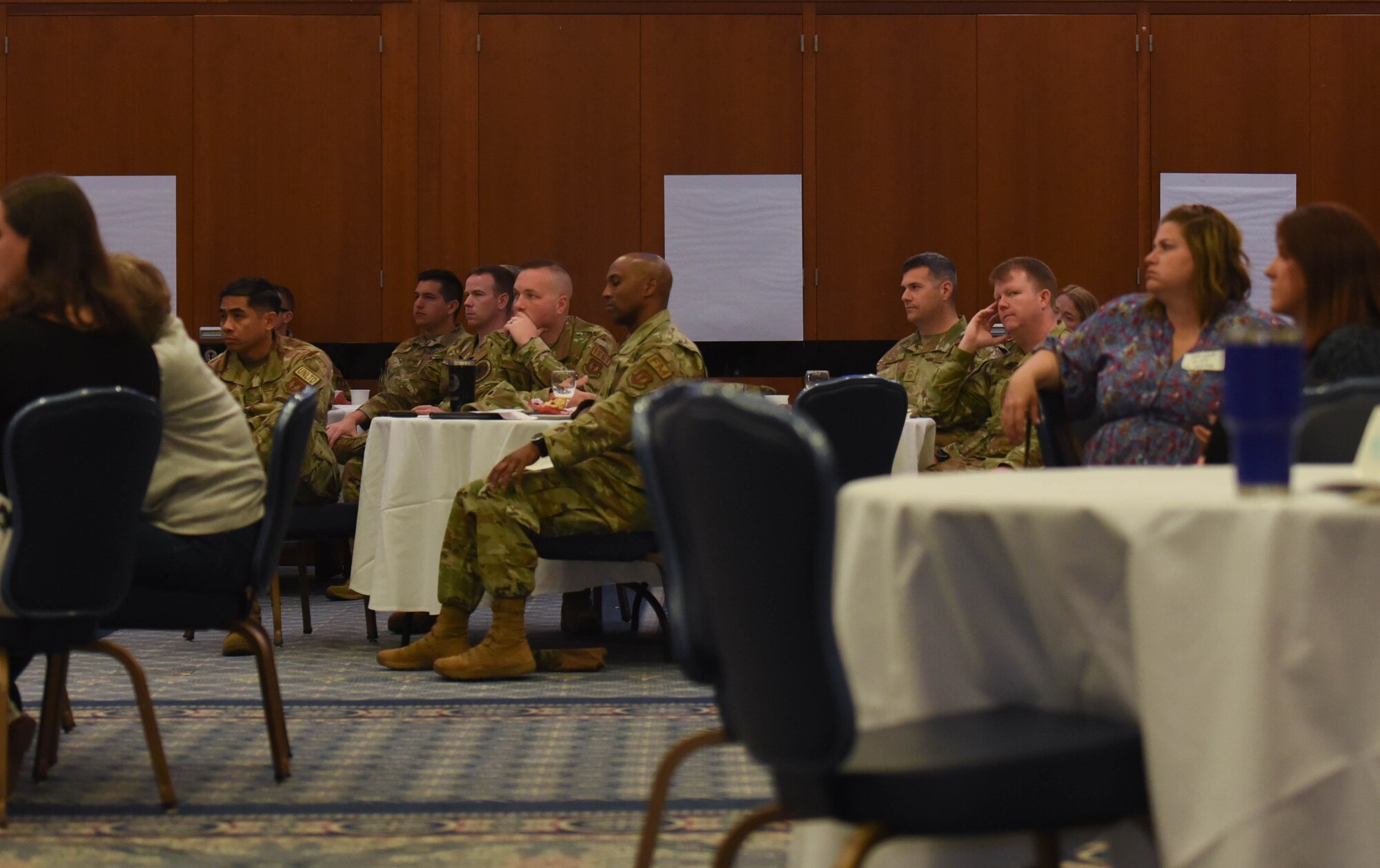 Attendees listen to guest speakers during the Key Spouse Symposium, May 25th, 2022, on Spangdahlem Air Base, Germany. Guests were further educated about Spangdahlem and the Key Spouse Program.
(U.S. Air Force photo by Airman 1st Class Imani West)