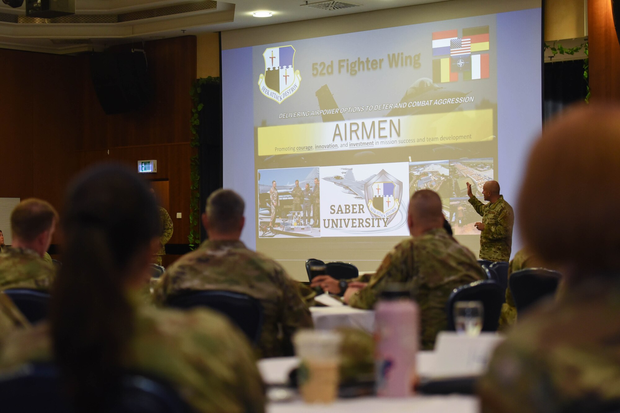 U.S. Air Force Chief Master Sgt. Toby Roach, 52nd Fighter Wing command chief gives a speech during the Key Spouse Symposium on Spangdahlem Air Base, Germany, May 25, 2022. Spangdahlem has over 80 Key Spouses, including Key Spouse Mentors, that aid in helping military spouses on base.
(U.S. Air Force photo by Airman 1st Class Imani West)