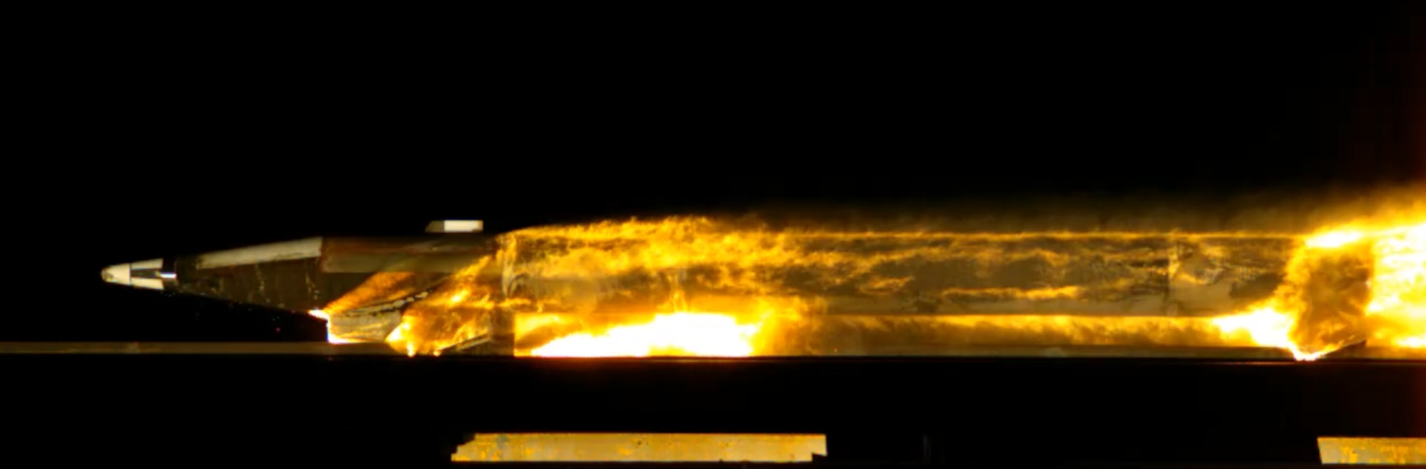 A hypersonic sled travels 6,400-feet per second on a monorail as part of the Hypersonic Sled Recovery effort at the Arnold Engineering Development Complex Holloman High Speed Test Track at Holloman Air Force Base, New Mexico.