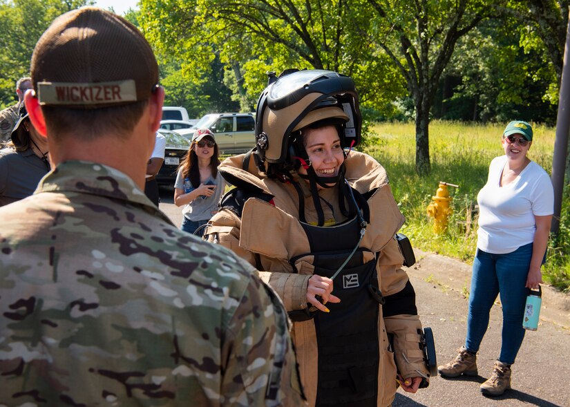 Carmen Zapata, Department of Homeland Security agent, wears a protective explosive ordnance disposal suit at Joint Base Andrews, Md., June 1, 2022.