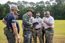 Headquarters and Headquarters Squadron Explosive Ordnance Disposal Technicians train with local law enforcement on new and relevant tactics to render unexploded ordnance safely. The purpose of this training was to enhance the inter-operability of each section, fostering a better workflow between the agencies in future operations. (U.S. Marine Corps photos by Cpl. Aidan Parker)