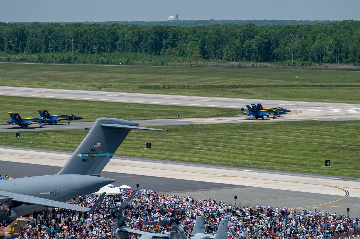 U.S. Navy Demonstration Squadron, the Blue Angels, taxi before performing during the 2022 Thunder Over Dover Airshow at Dover Air Force Base, Delaware, May 21, 2022. The theme for the airshow, “Reunite,” celebrates the military and the Dover community reuniting for the first time since the COVID-19 pandemic. (U.S. Air Force photo by Senior Airman Faith Schaefer)