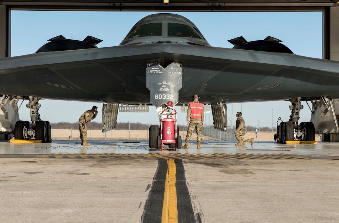 Airmen assigned to the 131st Bomb Wing prepare a B-2 Spirit for takeoff in support of a Bomber Task Force deployment at Whiteman Air Force Base, Missouri, March 8, 2020. BTF deployments provide Airmen the chance to work with other combatant commands and practice new procedures and operations (U.S. Air Force photo by Airman 1st Class Christina Carter)