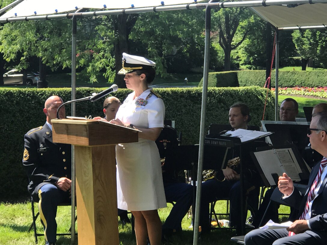 Defense Logistics Agency Land and Maritime and Defense Supply Center Columbus Commander U.S. Navy Rear Adm. Kristen Fabry spoke to a crowd of more than 100 attendees in Bexley, Ohio at the community’s World War II memorial, May 31.