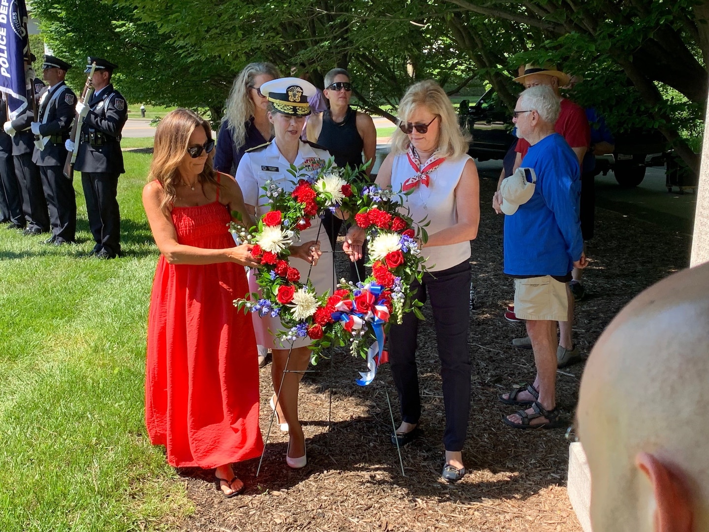 Defense Logistics Agency Land and Maritime and Defense Supply Center Columbus Commander U.S. Navy Rear Adm. Kristen Fabry spoke to a crowd of more than 100 attendees in Bexley, Ohio at the community’s World War II memorial, May 31.