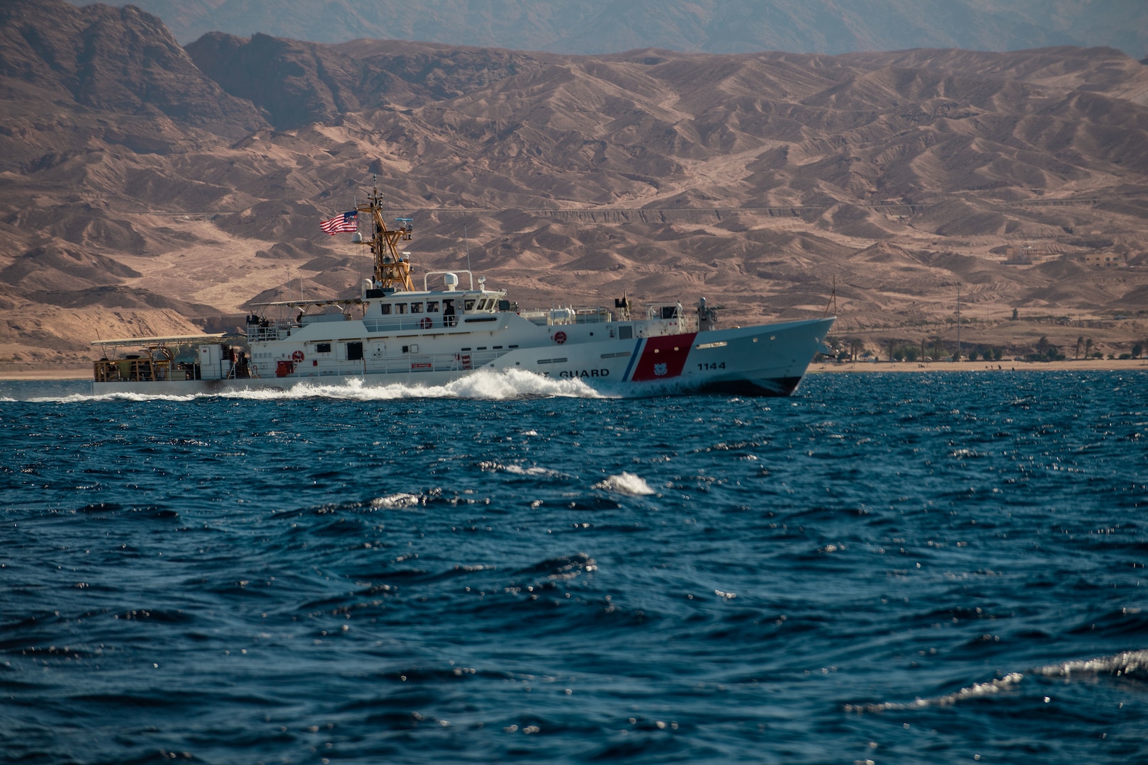 220213-N-KZ419-1032 GULF OF AQABA (Feb. 13, 2022) Fast response cutter USCGC Glen Harris (WPC 1144) sails in the Gulf of Aqaba during International Maritime Exercise/Cutlass Express (IMX/CE) 2022 Feb. 13. IMX/CE 2022 is the largest multinational training event in the Middle East, involving more than 60 nations and international organizations committed to enhancing partnerships and interoperability to strengthen maritime security and stability.