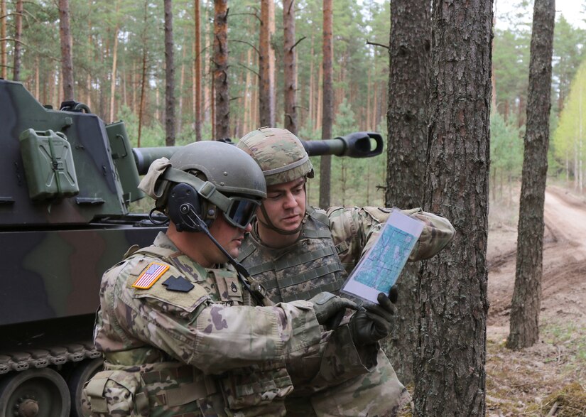 Soldiers with the 1st Battalion, 109th Artillery Regiment, 55th Maneuver Enhancement Brigade, 28th Infantry Division, Pennsylvania Army National Guard, move from cantonment into the field May 16, 2022, in Pabrade, Lithuania, to conduct live-fire artillery exercises with the M109A6 Paladin. The Soldiers are deployed to Lithuania in support of Defender Europe 22 and NATO exercise Flaming Thunder.
