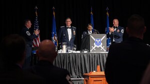 Retired Gen. Timothy M. Ray, former Air Force Global Strike Command commander, receives recognition from the AFGSC enlisted force during his Order of the Sword ceremony at Sam’s Hotel and Casino, Shreveport, Louisiana, May 11, 2022. The Order of the Sword is an Air Force tradition in which members of the enlisted corps recognize and honor senior officers and civilians who have made significant contributions to the welfare and prestige of the enlisted corps. (U.S. Air Force photo by Senior Airman Jonathan E. Ramos)