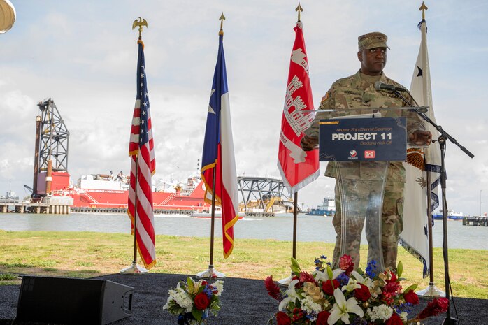U.S. Army Corps of Engineers (USACE) Southwestern Division Commander Col. Kenneth Reed speaks at the Houston Ship Channel (HSC) Expansion--or Project 11--kick off event at the Galveston District headquarters, June 1. The Galveston District, Port Houston, and the Great Lakes Dock and Dredge Company are partnering to expand the channel. The HSC is a 52-mile-long channel with more than 200 public and private facilities alongside it. Expanding it is critical to safely and efficiently sustaining national energy security, domestic manufacturing growth, thriving U.S. exports, and expanding job opportunities.