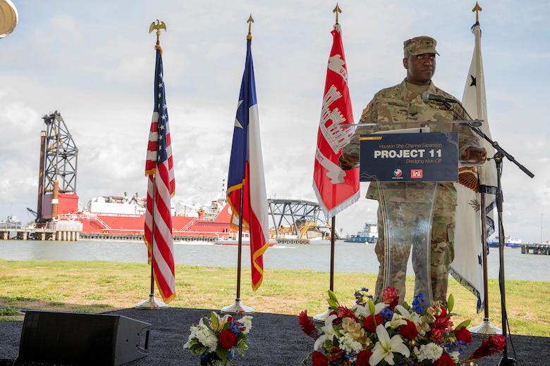U.S. Army Corps of Engineers (USACE) Southwestern Division Commander Col. Kenneth Reed speaks at the Houston Ship Channel (HSC) Expansion--or Project 11--kick off event at the Galveston District headquarters, June 1. The Galveston District, Port Houston, and the Great Lakes Dock and Dredge Company are partnering to expand the channel. The HSC is a 52-mile-long channel with more than 200 public and private facilities alongside it. Expanding it is critical to safely and efficiently sustaining national energy security, domestic manufacturing growth, thriving U.S. exports, and expanding job opportunities.