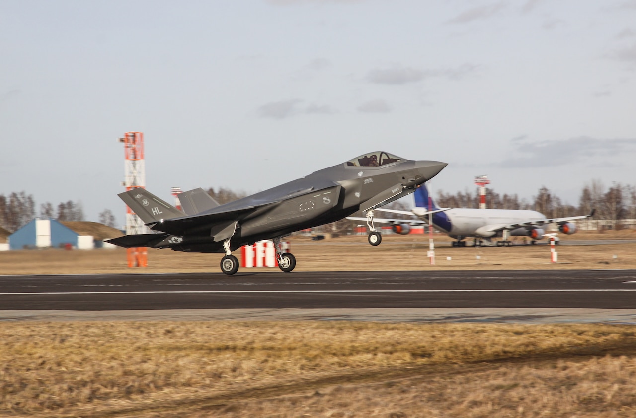F-35 lands in Lithuania on the day Russian forces invaded Ukraine.