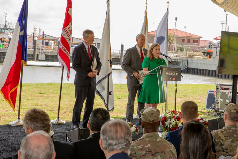 U.S. Congressional Representatives Lizzie Fletcher (right), Randy Weber (center), and Brian Babin, speak at the Houstin Ship Channel (HSC) Expansion--or Project 11--kick off event at the U.S. Army Corps of Engineers (USACE) Galveston District headquarters, June 1. The Galveston District, Port Houston, and the Great Lakes Dock and Dredge Company are partnering to expand the channel. The HSC is a 52-mile-long channel with more than 200 public and private facilities alongside it. Expanding it is critical to safely and efficiently sustaining national energy security, domestic manufacturing growth, thriving U.S. exports, and expanding job opportunities.