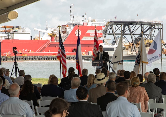 Assistant Secretary of the Army for Civil Works Michael Connor speaks at the Houston Ship Channel (HSC) Expansion--or Project 11--kick off event at the U.S. Army Corps of Engineers (USACE) Galveston District headquarters, June 1. The Galveston District, Port Houston, and the Great Lakes Dock and Dredge Company are partnering to expand the channel. The HSC is a 52-mile-long channel with more than 200 public and private facilities alongside it. Expanding it is critical to safely and efficiently sustaining national energy security, domestic manufacturing growth, thriving U.S. exports, and expanding job opportunities.