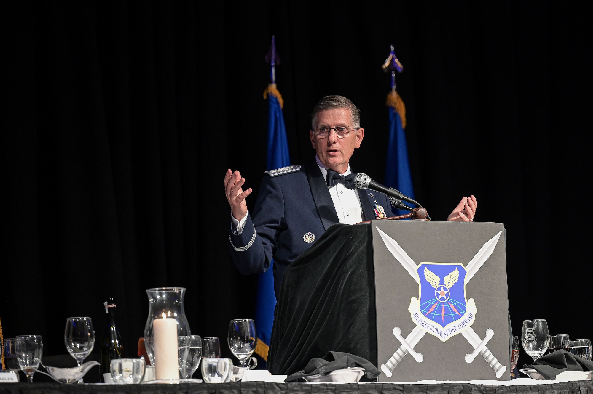 Retired Gen. Timothy M. Ray, former Air Force Global Strike Command commander, offers his thanks to AFGSC’s enlisted force during his Order of the Sword ceremony at Sam’s Hotel and Casino, Shreveport, Louisiana, May 11, 2022. The Order of the Sword is a rare honor bestowed on a senior officer or civilian by the non-commissioned officers of a command to recognize individuals who have made significant contributions to the enlisted corps. (U.S. Air Force photo by Senior Airman Jonathan E. Ramos)