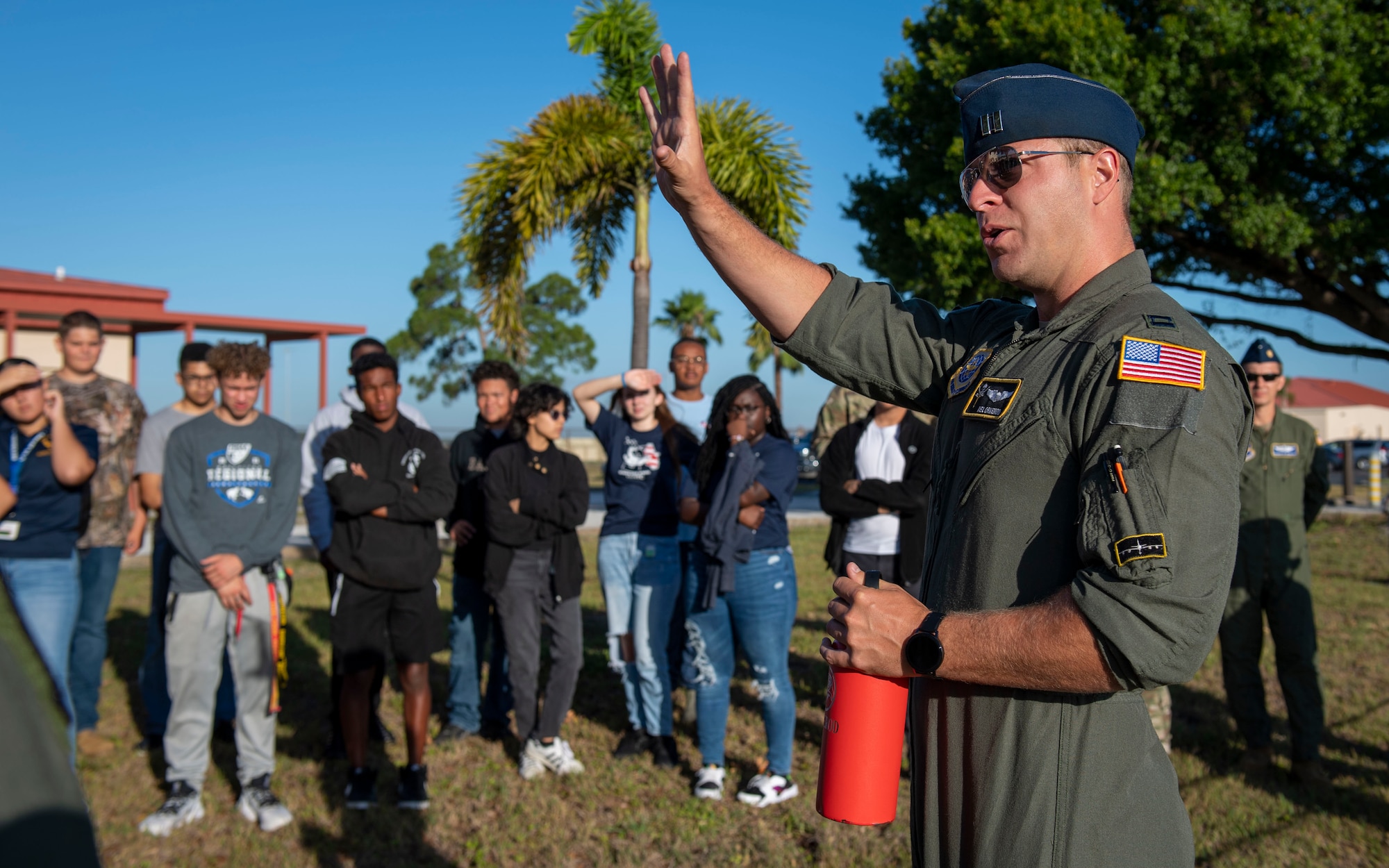 U.S. Air Force Capt. Neil Ormerod, an instructor pilot assigned to the 91st Air Refueling Squadron, speaks to a group of U.S. Air Force ROTC cadets from Osceola, Somner and Jefferson High School at MacDill Air Force Base, Florida, June 1, 2022. The students were invited to fly and tour the base as part of the Air Force Recruiting Service’s Aviation Inspired Mentorship program. (U.S. Air Force photo by Airman 1st Class Lauren Cobin)