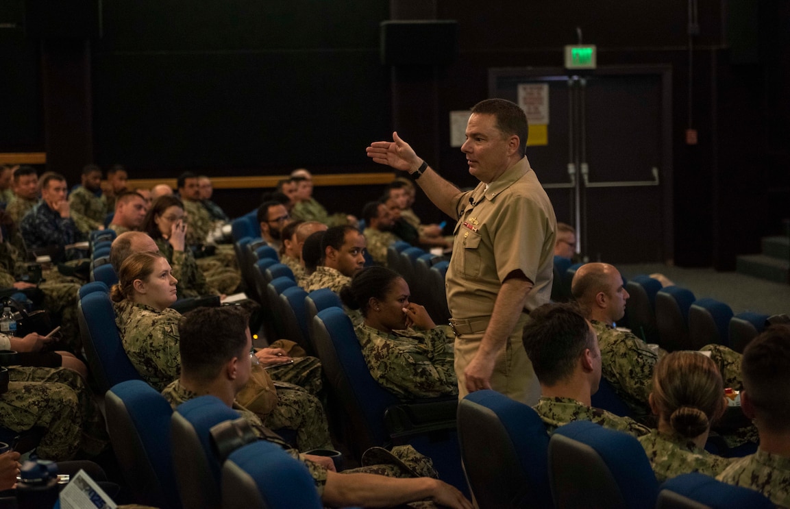Rear Adm. Rick Cheeseman, assigned to Commander, Navy Personnel Command, speaks to Sailors about detailing requirements during the MyNavy Career Development Symposium at Joint Base Pearl Harbor-Hickam (JBPHH).