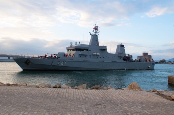 Royal Moroccan Navy Offshore Patrol Vessel Bir Anzaran (P 341) gets underway for the at-sea portion of exercise Phoenix Express 2022 in Tunis, Tunisia, May 28, 2022. Phoenix Express 22, conducted by U.S. Naval Forces Africa, is a maritime exercise designed to improve cooperation among participating nations in order to increase maritime safety and security in the Mediterranean.