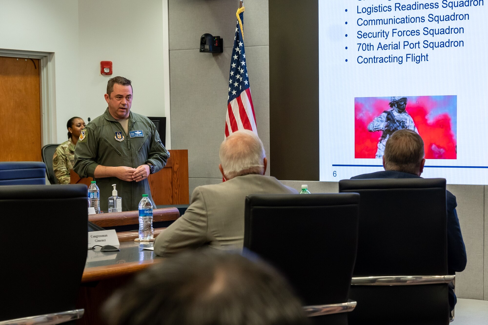 Col. S. James Frickel, 482nd Fighter Wing vice commander, provides mission briefing to Ranking Member of the House Committee on Veterans Affairs, Rep. Mike Bost, of Illinois and Rep. Carlos Gimenez of Florida at Homestead Air Reserve Base, Fla., on June 1, 2022. (U.S. Air Force photo by Tech. Sgt. Leo Castellano)