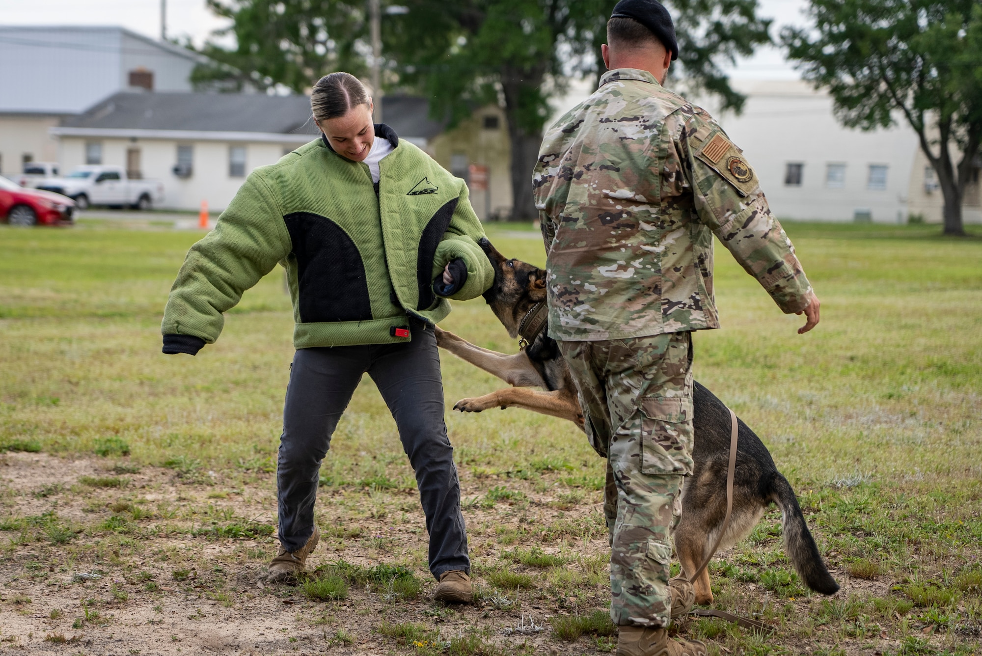Two Airmen training a military working dog