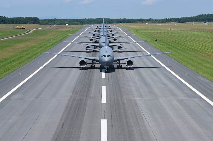 Photo of KC-46 Pegasus Elephant Walk on runway at Pease Air National Guard Base.