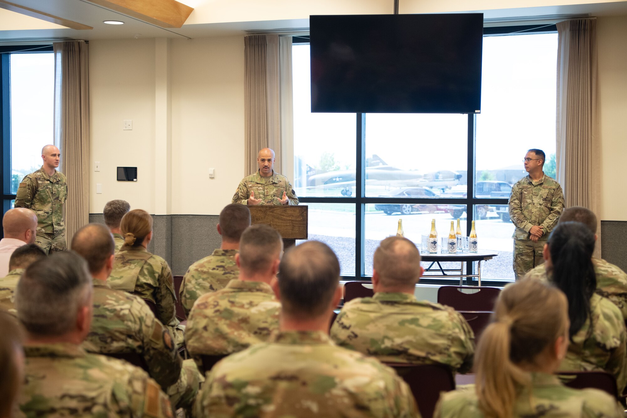 Chief Master Sgt. Archie Curtis, senior enlisted leader of the 566th Intelligence Squadron, addresses the audience during the master sergeant promotion release ceremony June 2, 2022 at Buckley Space Force Base, Colo.