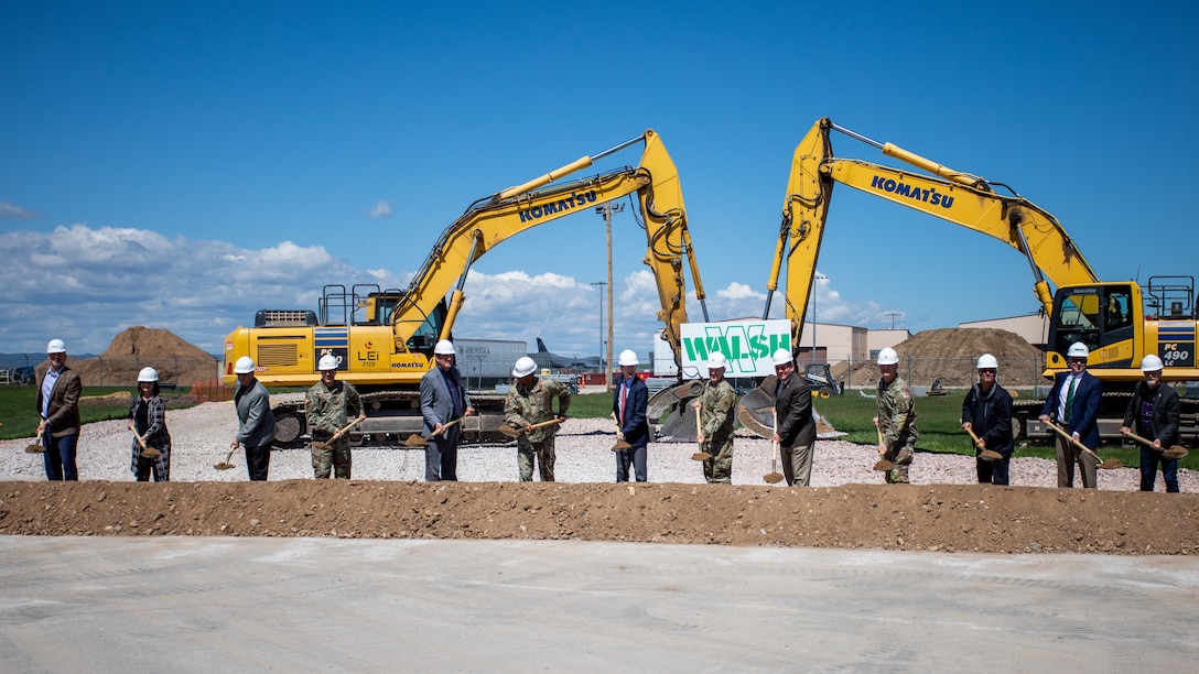 Representatives from the U.S. Army Corps of Engineers, Air Force, the state of South Dakota, and industry partners gathered, May 25, 2022, to conduct an official groundbreaking ceremony for the start of the B-21 “Raider” bomber beddown at Ellsworth Air Force Base.