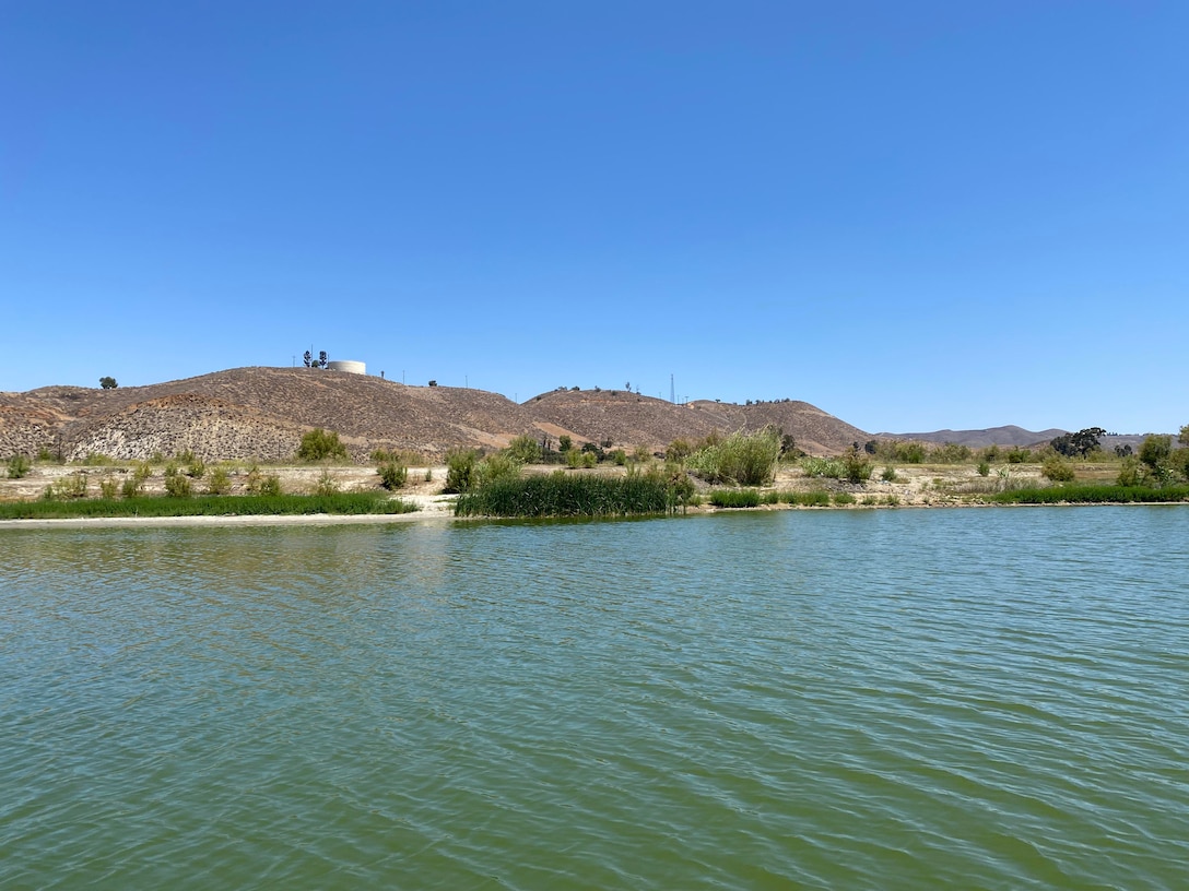 A view of Lake Elsinore taken during the feasibility study shows the green lake water caused by algae.