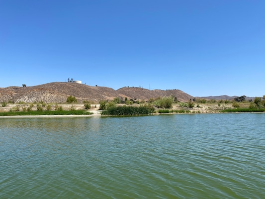 A view of Lake Elsinore taken during the feasibility study shows the green lake water caused by algae.