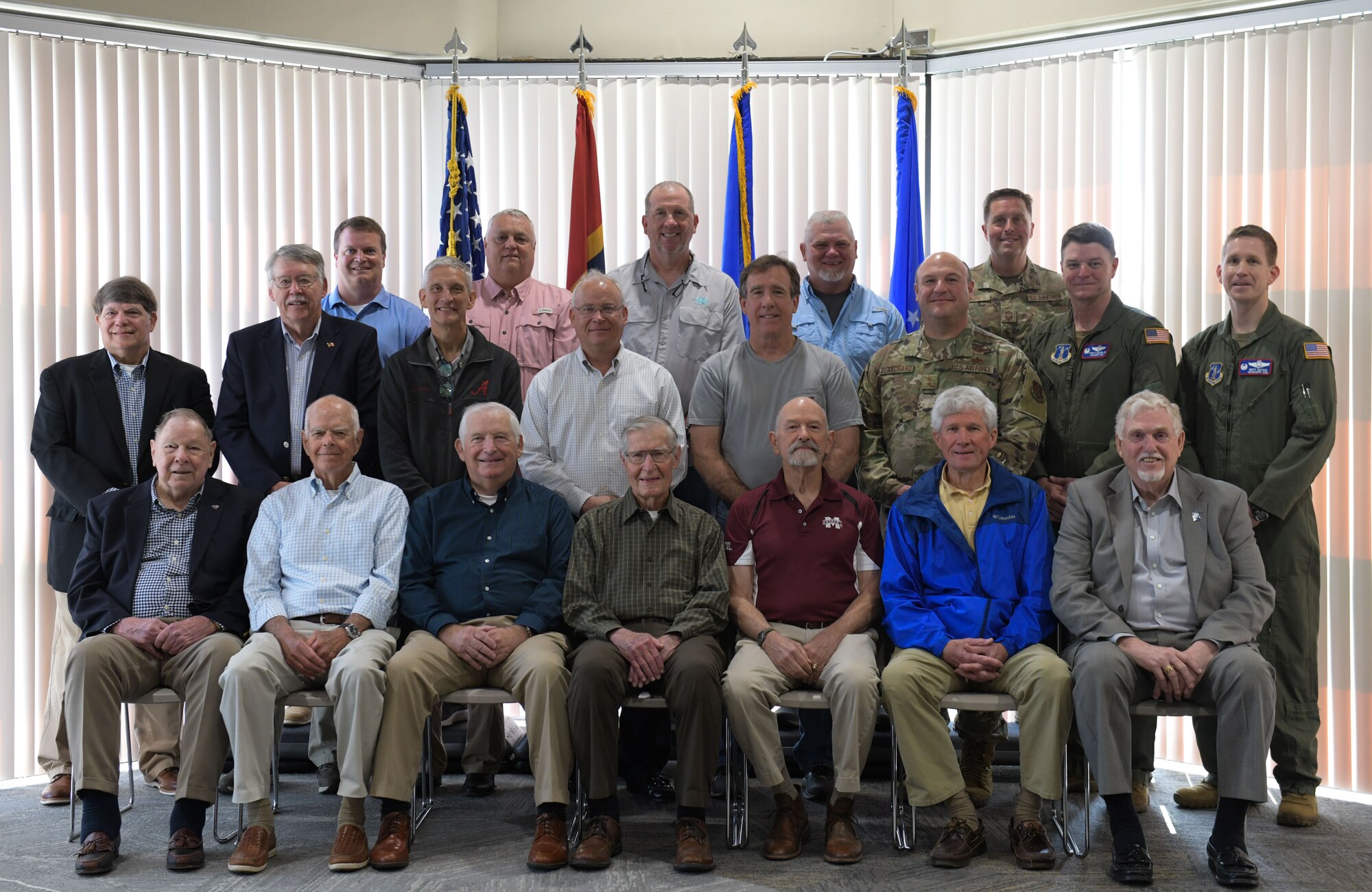 Former and present commanders and command chief master sergeants of the 172nd Airlift Wing gathered to serve lunch to Airmen and full-time staff at the Wing’s dining facility on April 6, 2022.
Seated, left-to-right: Maj. Gen James W. Chapman, Col. Shellie M. Bailey, Jr., Maj. Gen. Harold A. Cross, Brig. Gen. Maxey J. Phillips, Maj. Gen William J. Lutz, Col. Robert A. Barron, Col. Robert E. Matthews.
Standing, first row left-to-right: Brig. Gen. William B. Jernigan, Brig. Gen. James R. White, Maj. Gen. William O. Hill, Maj. Gen. William J. Crisler, Brig. Gen. Jonathon T. Wall, Maj. Gen. Barry A. Blanchard, Col. Tommy F. Tillman, Col. Britt A. Watson.
Standing, second row left-to-right: Chief Master Sgt. Joe Moss, Chief Master Sgt. Curtis D. Coleman, Chief Master Sgt. Johnny D. Gressett, Chief Master Sgt. Scotty M. Cole, Chief Master Sgt. John W. Myers. (U.S. Air National Guard Photo by Staff Sgt. Jared Bounds)