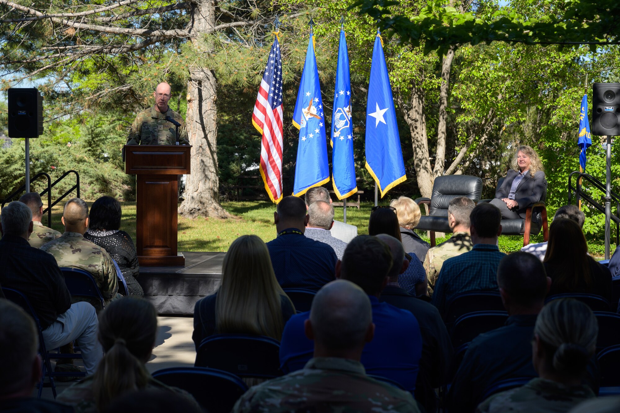 Brig. Gen. Richard Gibbs, Ogden Air Logistics Complex commander, speaks during an appointment to leadership ceremony at Hill Air Force Base, Utah, June 2, 2022. Sandy Fitzgerald was appointed as the 309th Commodities Maintenance Group director during the ceremony. The 309th CMXG is the technical repair center for landing gear, wheels, brakes, secondary power systems, hydraulics and composites. (U.S. Air Force photo by R. Nial Bradshaw)