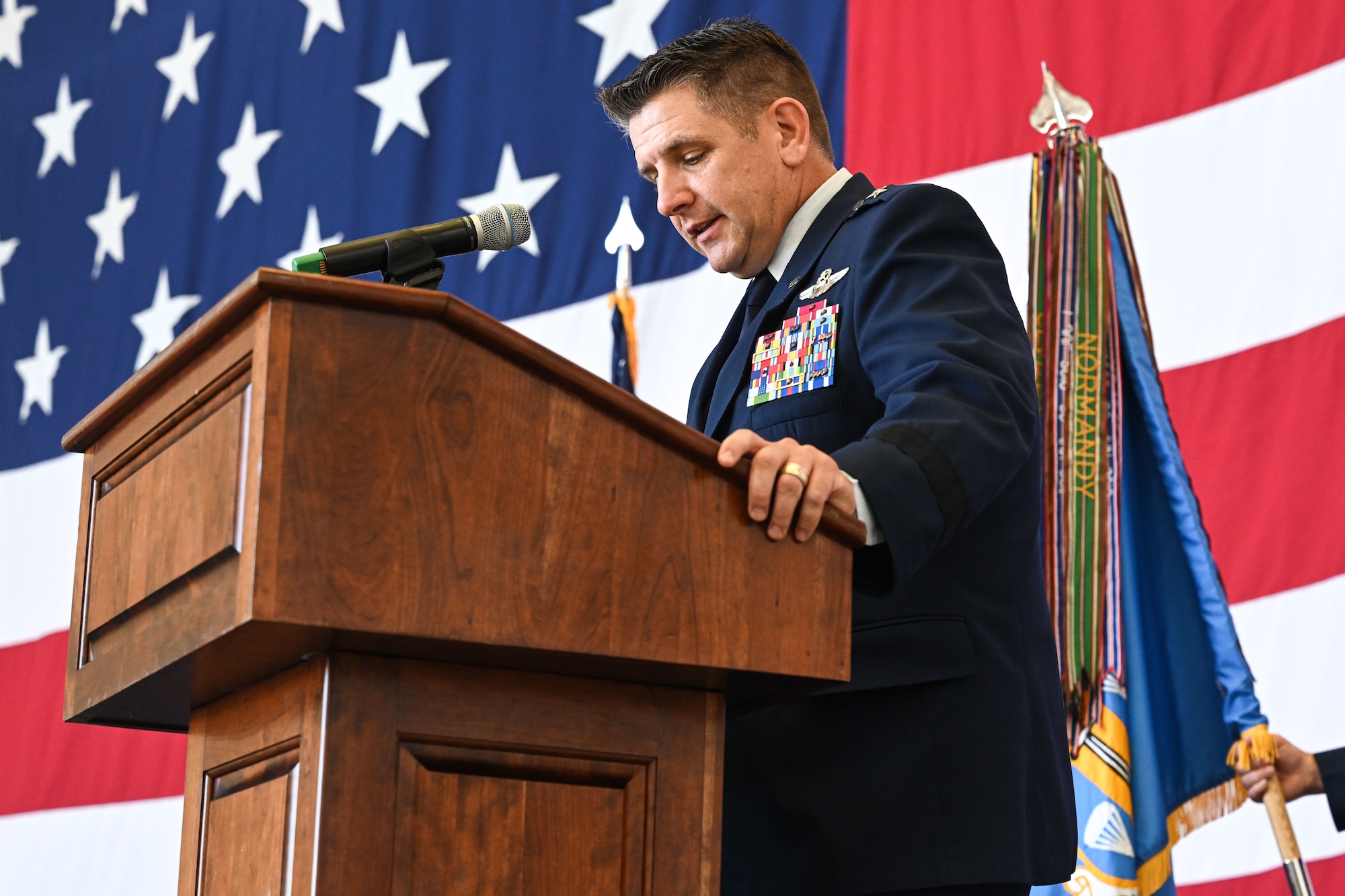 Brig. Gen. Christopher Amrhein, 19th Air Force vice commander, gives remarks during the 314th Airlift Wing’s change of command ceremony