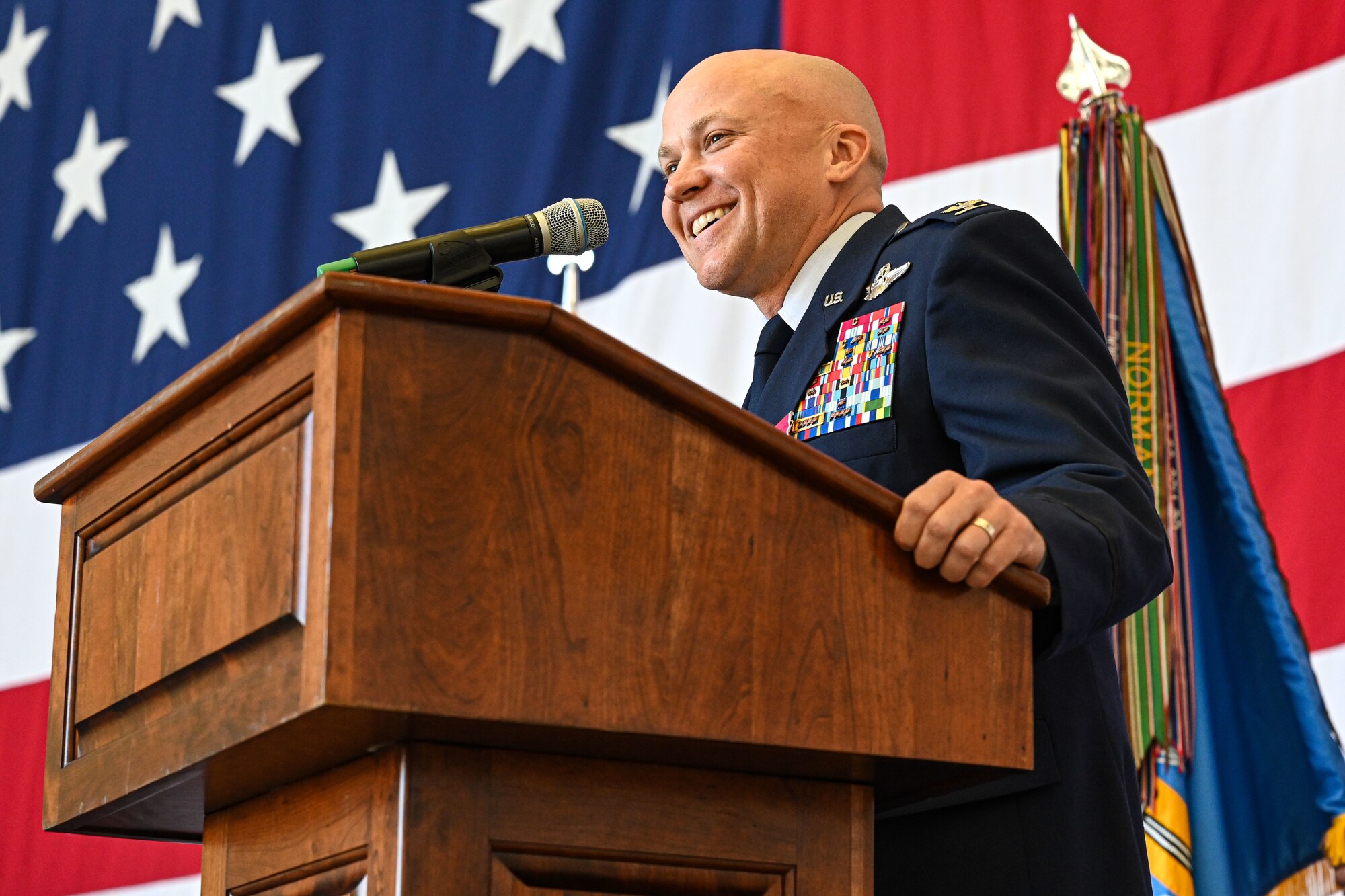 Col. Joseph Miller, former 314th Airlift Wing commander, gives remarks during the 314th Airlift Wing’s change of command ceremony