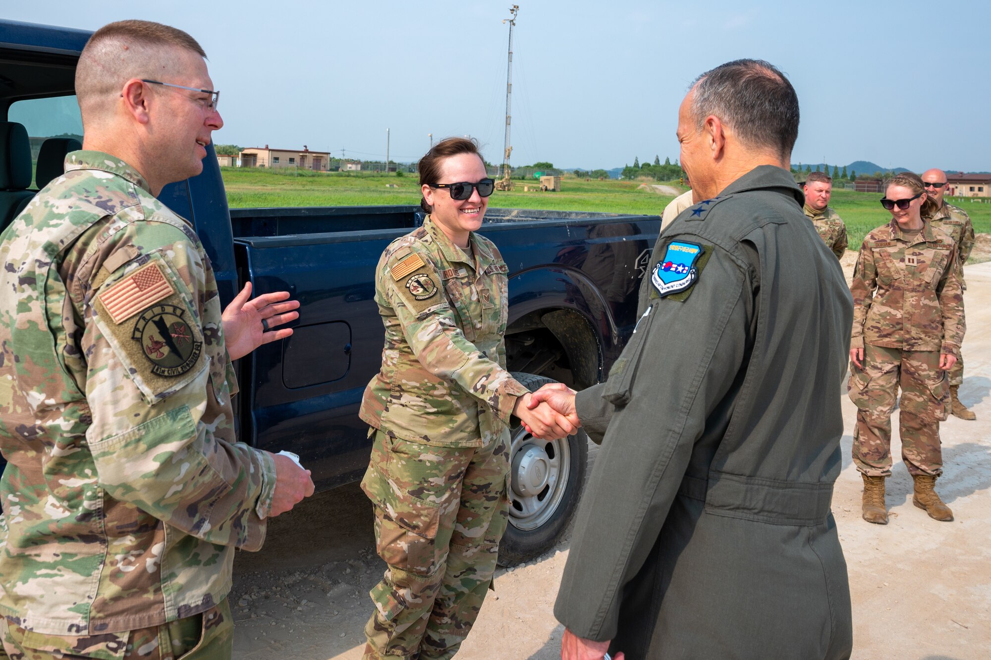 Lt. Gen. Scott Pleus, Seventh Air Force commander, sits in a up-armored loader